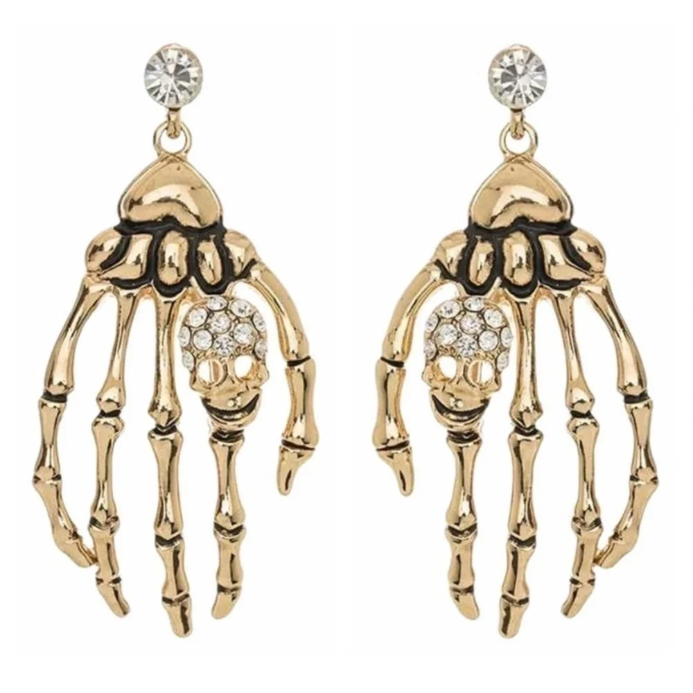 đť…şRHINESTONE Skeleton Hand Iconic Earrings - Picture 1 of 2